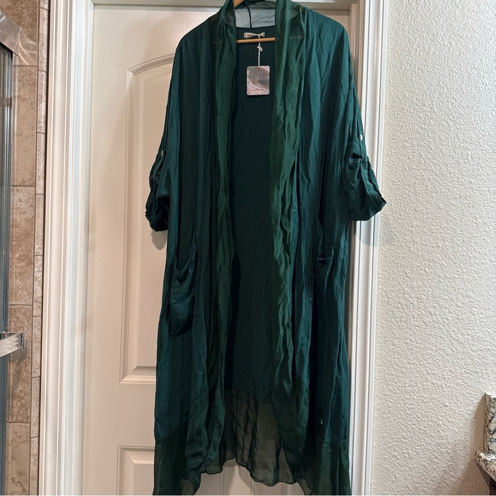 Dark Green Long Open kimono silk blend Italy
